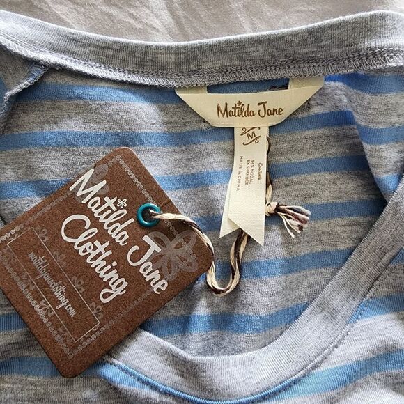 NEW MATILDA JANE Her Majesty Dress Gray Blue Stripe Shark Bite Hem womens size M - Picture 6 of 8